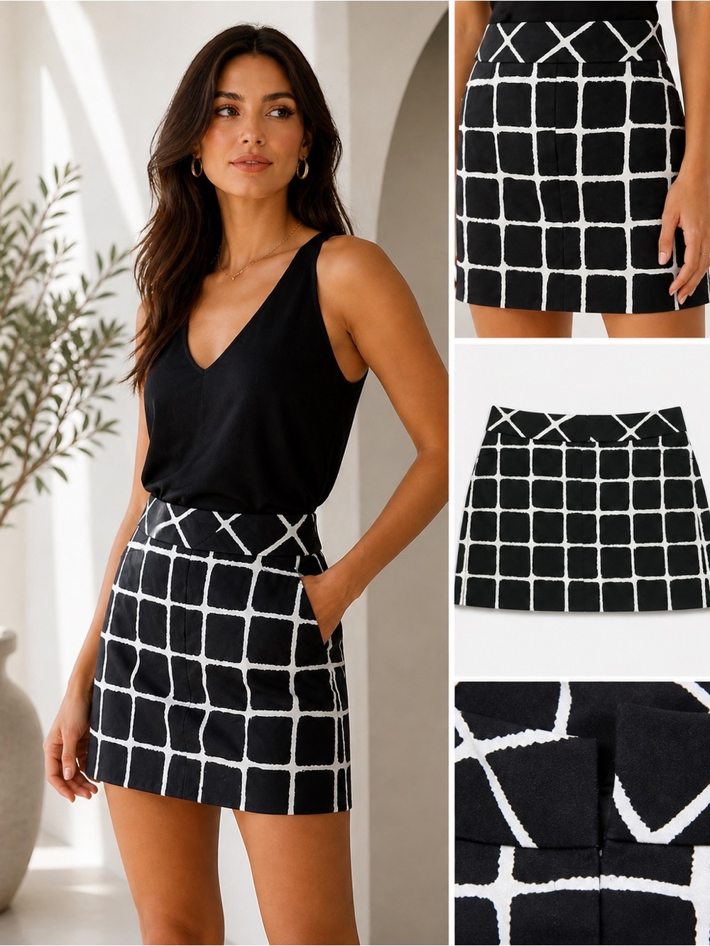 Trina Turk Black White Grid Print Mini Skirt Size 4 Chic Minimalist